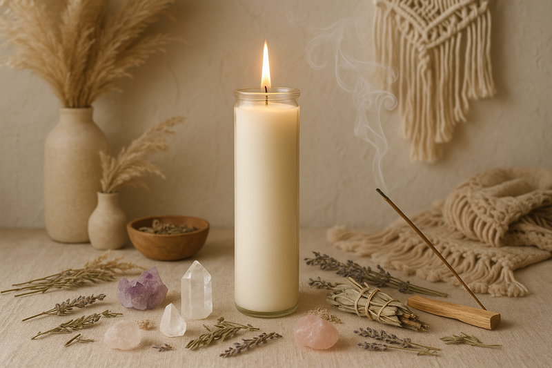 7 day cream candle on a neutral altar with incense, crystals and herbs