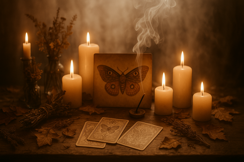 A warm, boho-mystical autumn altar featuring glowing candles, rising incense smoke, dried herbs, tarot cards, and a butterfly symbol — representing transformation, shadow work, and ancestral connection.