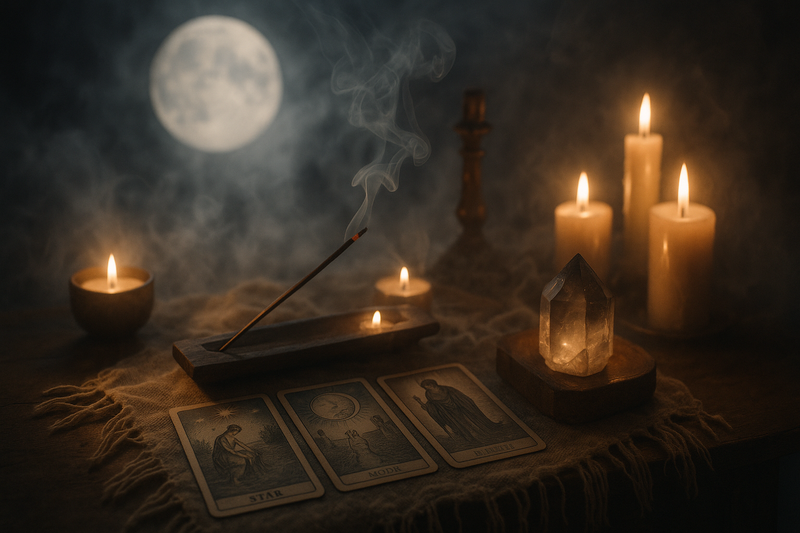 Incense and candles with tarot cards on a table with a full moon