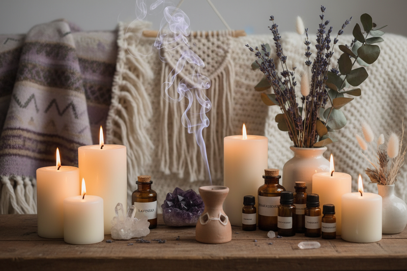An altar with lit candles, oil warmer, oils, crystals and macrame and blankets in the background