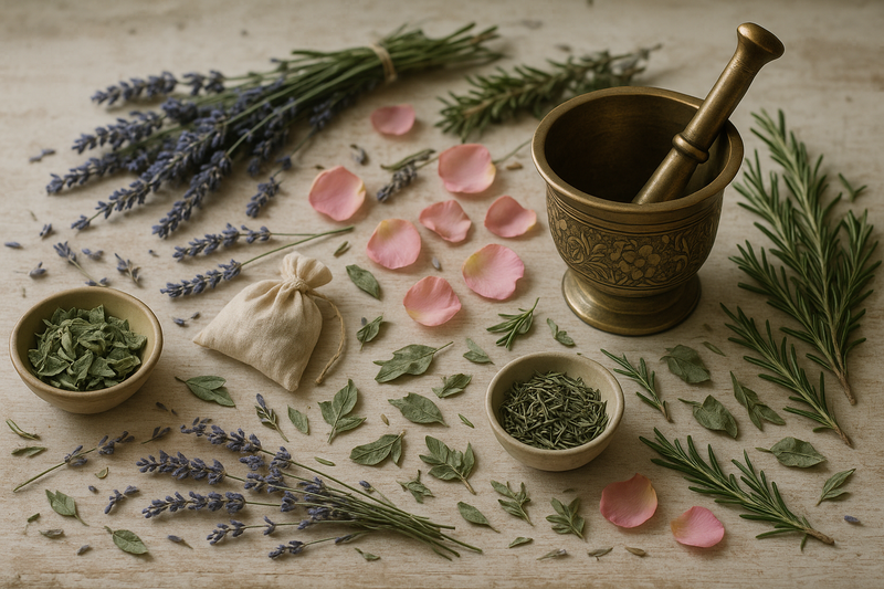 Neutral table with a mortar and pestle and dried herbs and flowers on it.