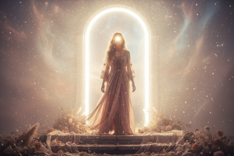 A woman standing in front of a door in a flowing gown