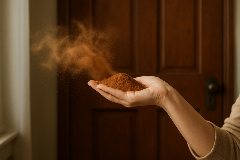 A woman holding a pile of cinnamon powder in her hand, gently blowing it into the air in front of a wooden door, symbolizing a ritual or spiritual intention.