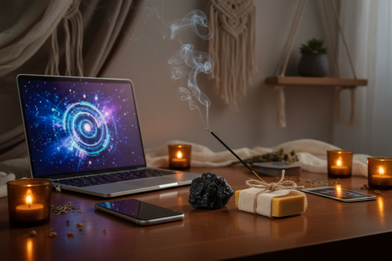 A laptop and phone rest beside a burning incense stick releasing gentle smoke, a raw shungite crystal, and a small bar of sulphur soap wrapped in muslin. Reflections of digital light mingle with candle glow.