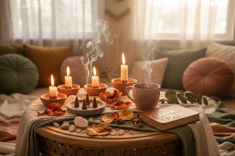 A cozy table with flickering candles, smoke drifting from incense cones, and dried leaves scattered beside a cup of tea. A journal with the words “thank you” written.