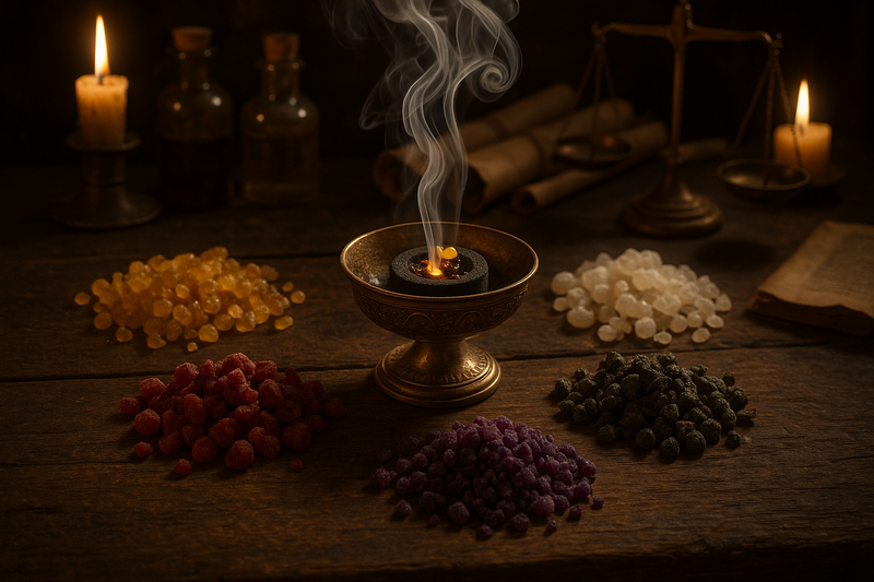 alchemist table with multiple piles of different colored resin granules. a bowl with a charcoal disc inside and a few grains of resin on top with smoke curling upward