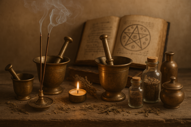 Alchemist table with cups, incense, candles and herbs