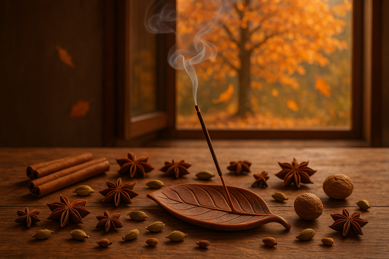 autumn spices on a table with an incense stick in a holder shaped like a leaf. Smoke curling from tip of incense. An open window is in the background with a tree with falling autumn leaves