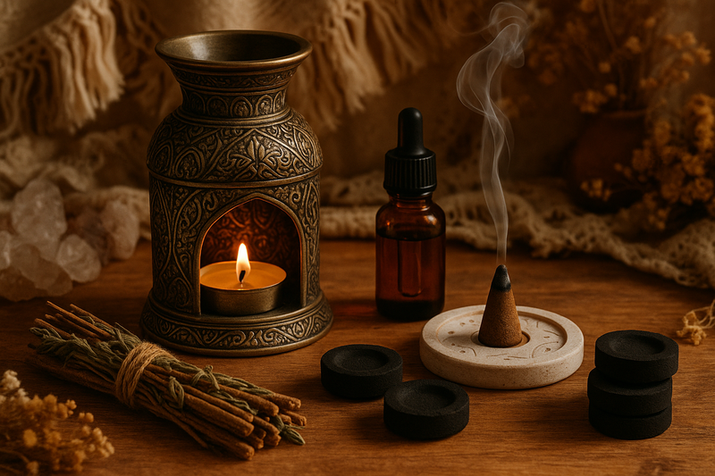 Boho altar with oil burner and lit tealight, dropper bottle, incense cone on burner, charcoal discs and herbs