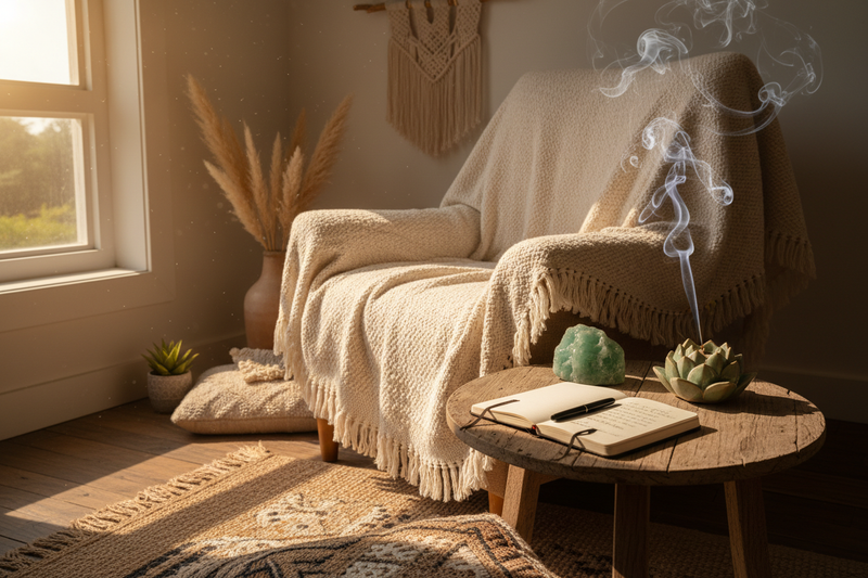 A cozy corner with a chair, blanket a table with a journal a crystal and an incense burning