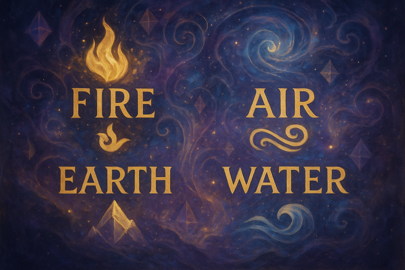 Fire Air Earth Water on mystical background