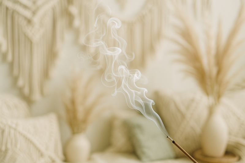 Incense smoke rising from an incense stick with a neutral colored boho background