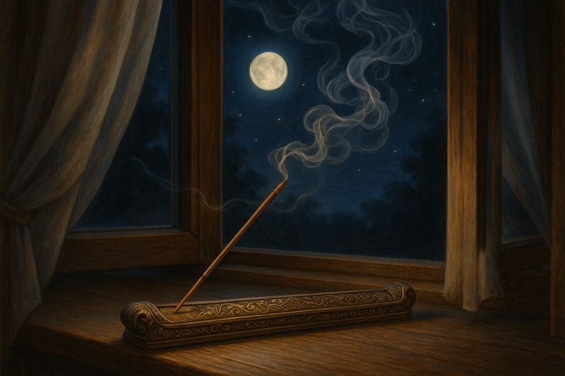 Incense on a window sill with the full moon and stars in the background