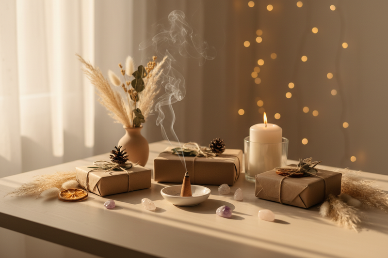A table with packages wrapped in kraft paper, a lit candle, an incense smoking in a ceramic dish and fairy lights in the background