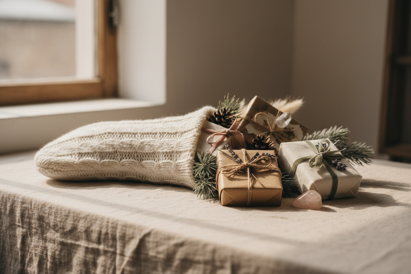 Cream colored stocking with small wrapped gifts spilling out near a window