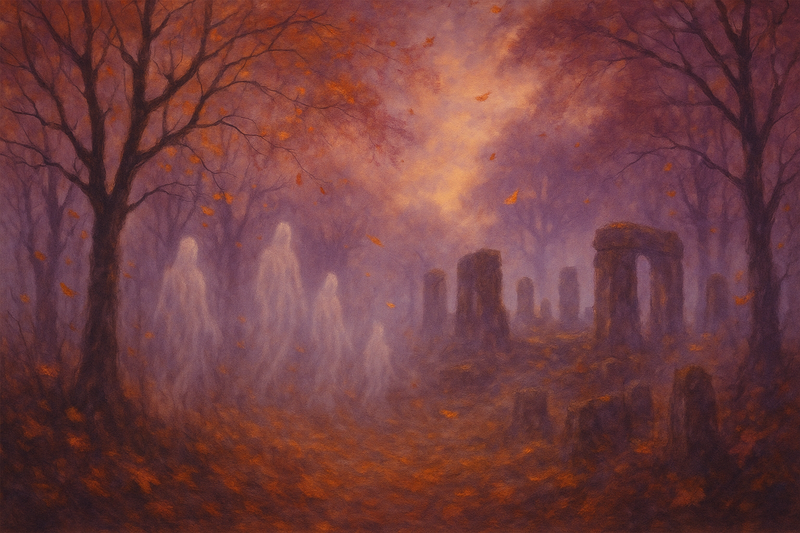 Autumn woods with rock formations and spirits