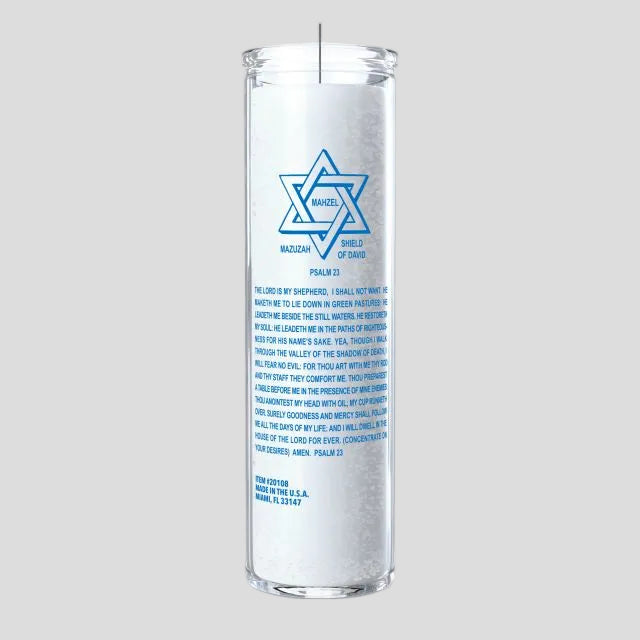 Clear candle with blue text and Star of David on a white background