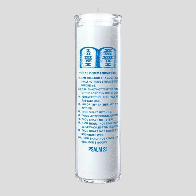 Clear candle with blue text on a white background