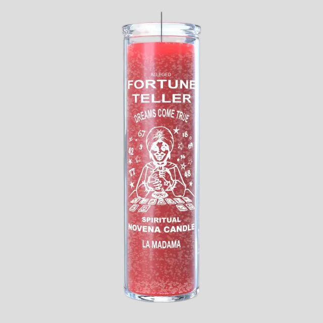 Red candle with white text and graphics on a white background