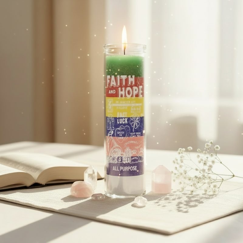 Colorful candle with motivational text on a table with an open book and flowers.