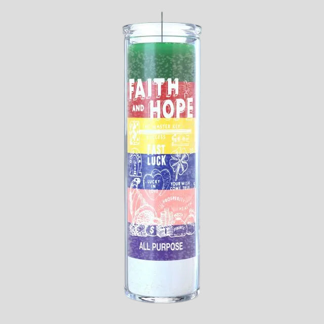 Colorful candle with text and symbols on a white background