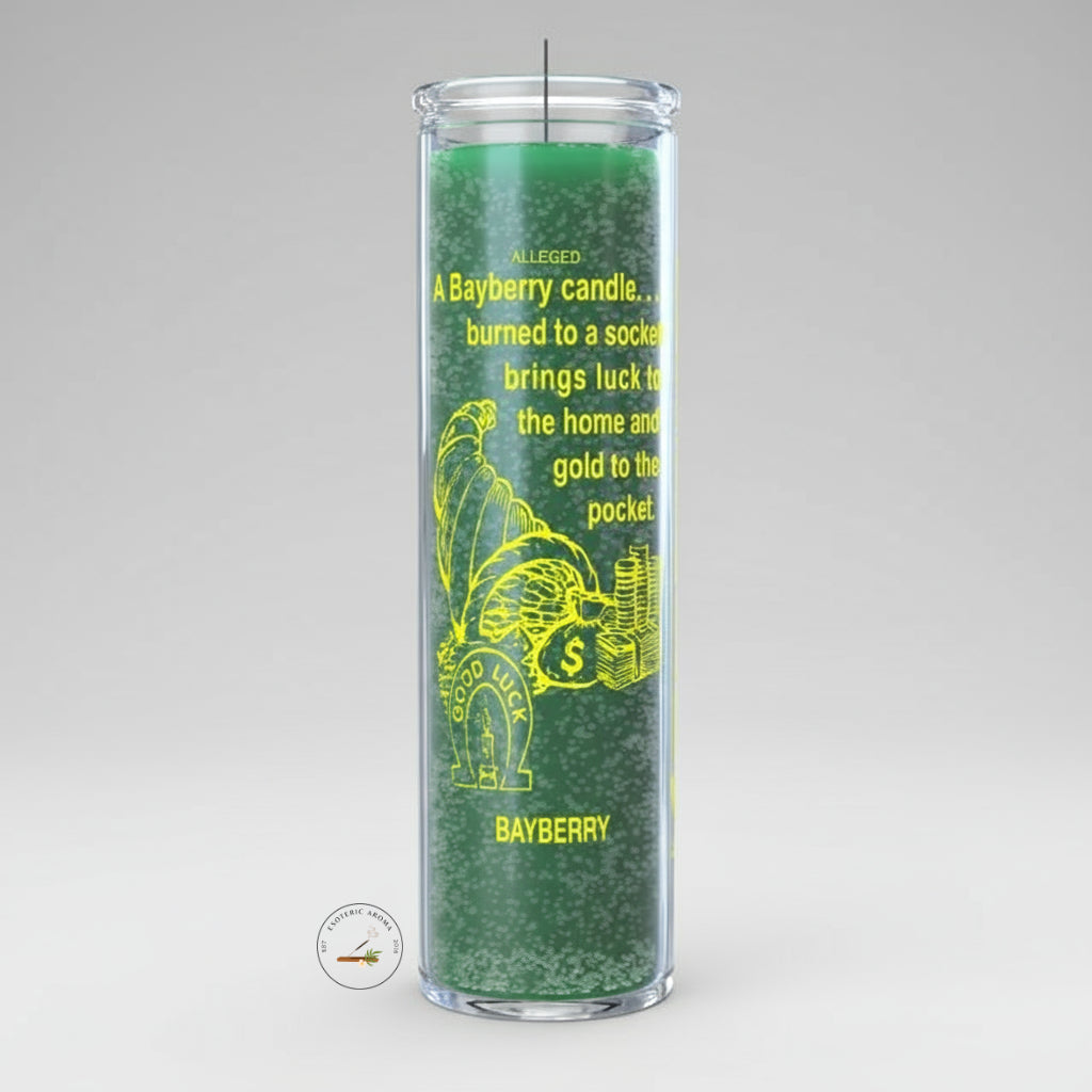 Green candle with yellow text and graphics on a gray background