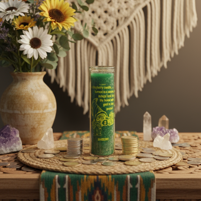 Green candle with text on a table with flowers, crystals, and coins.
