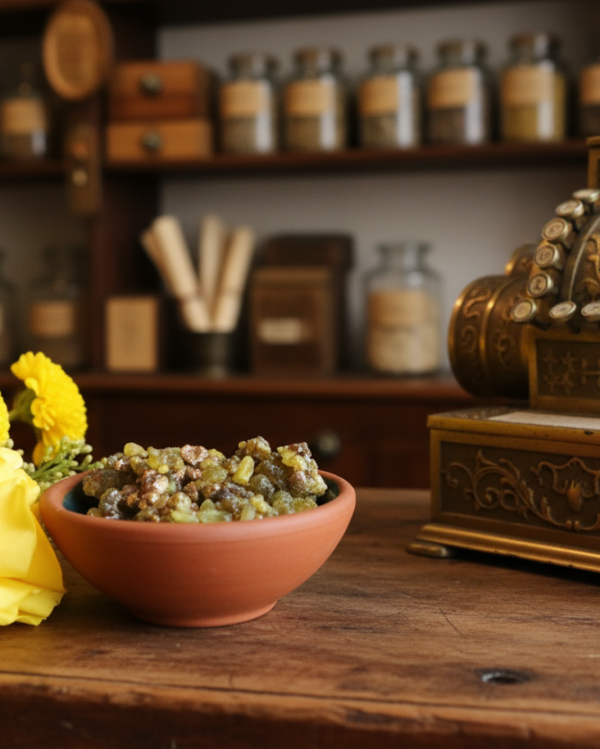 Vintage cash register on a wooden surface with yellow flowers and a bowl of resin incense.
