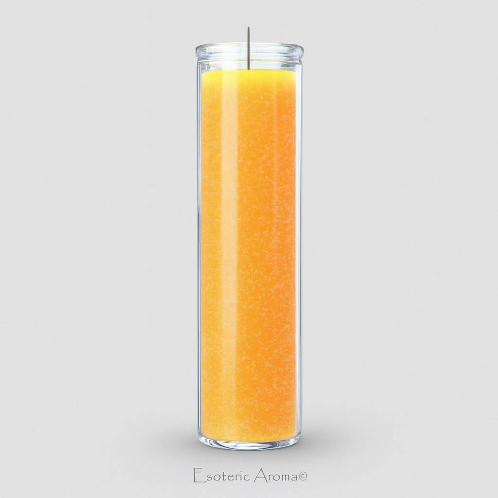 Orange candle in a glass container on a light gray background