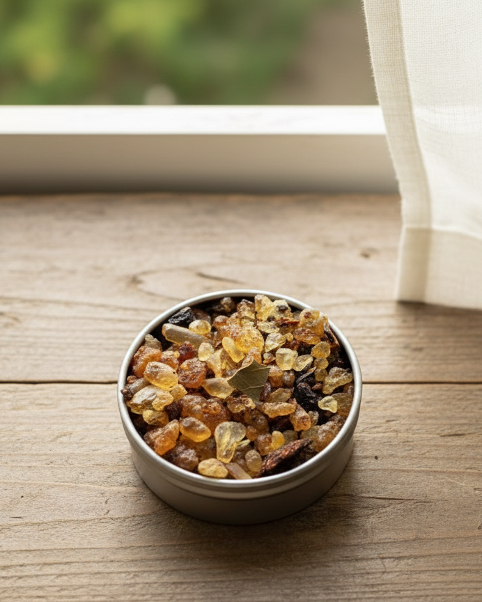 Small bowl filled with resin incense on a wooden surface near a window with white curtains.