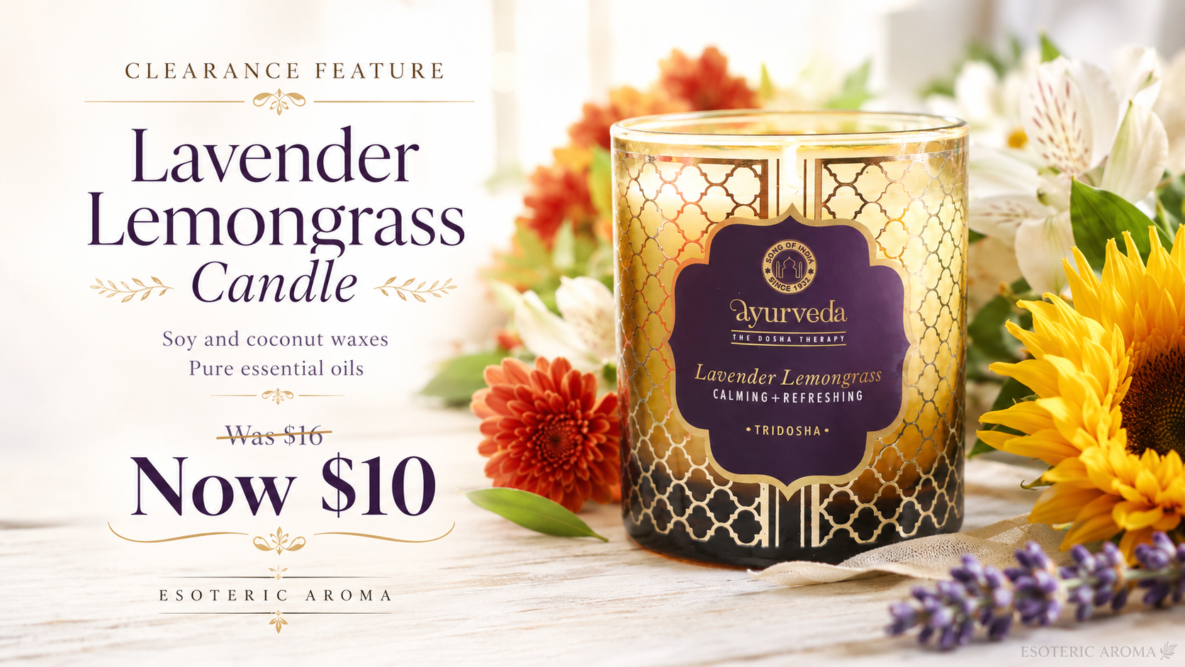 Ayurveda candle with flowers nearby and sale info