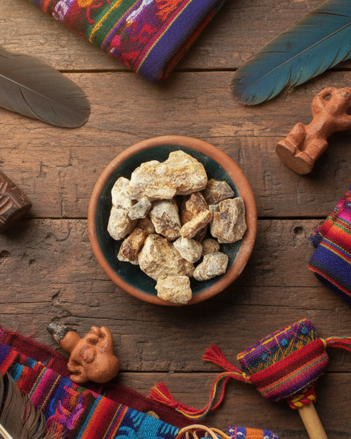 Ceremonial items including a bowl of resin incense, colorful fabrics, and feathers on a wooden surface.