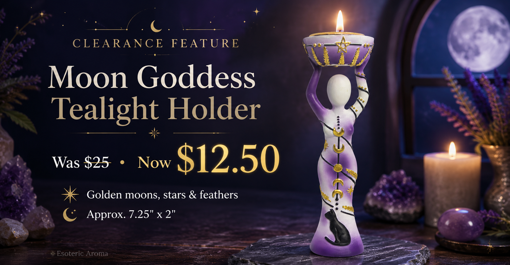 White and purple tealight holder with crystals nearby and sale info