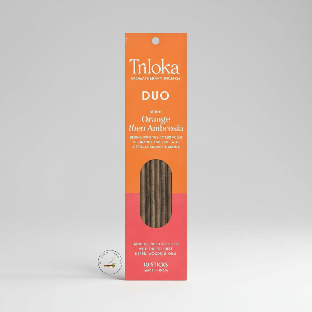 Triloka Aromatherapy Incense Duo packaging on a gray background