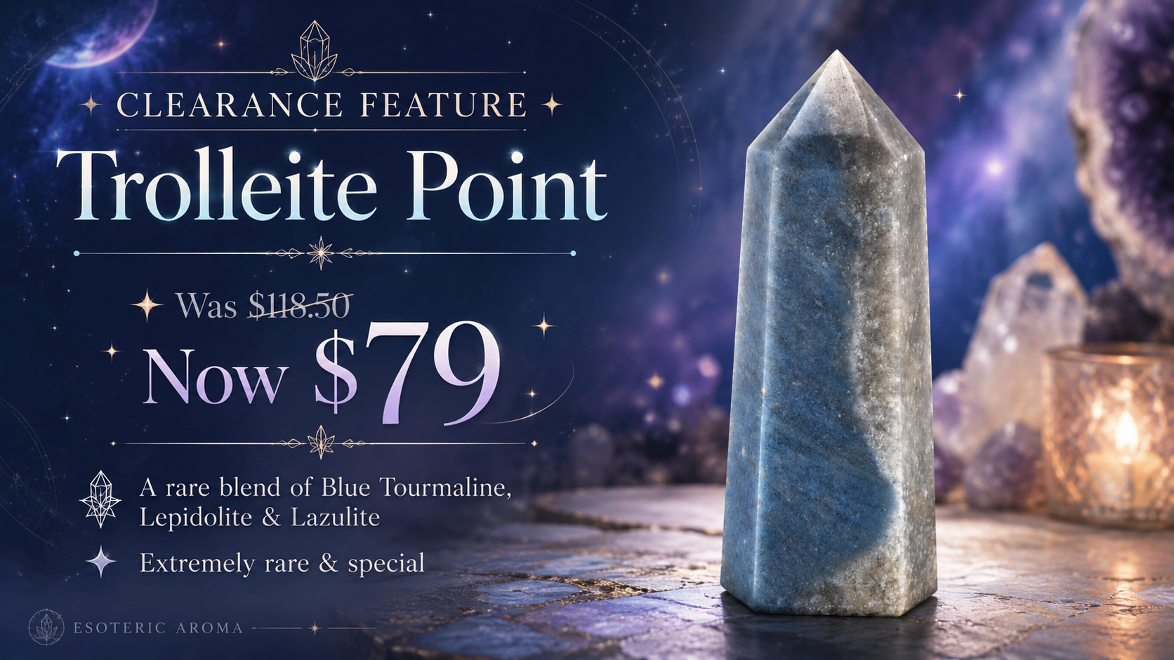 Blue and grey stone with a purple background and sale info