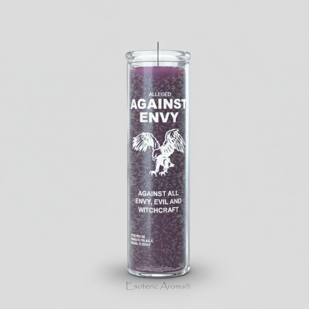 Candle with text and imagery on a gray background