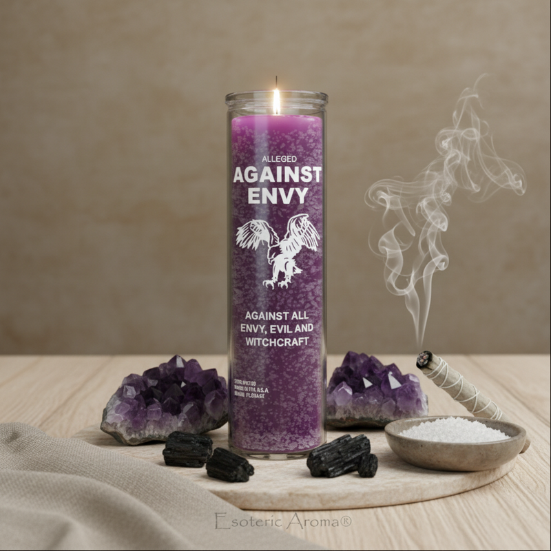 Purple candle labeled 'Alleged Against Envy' with amethyst crystals and a bowl of white salt on a wooden surface.