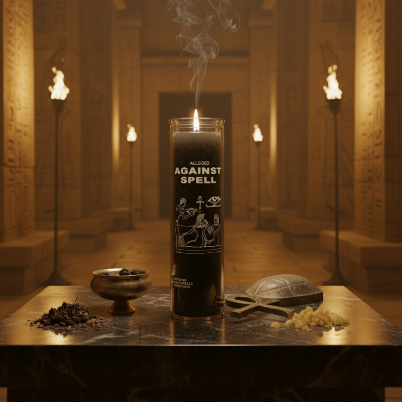 Candle labeled 'Against Spell' in a mystical setting with candles and incense.