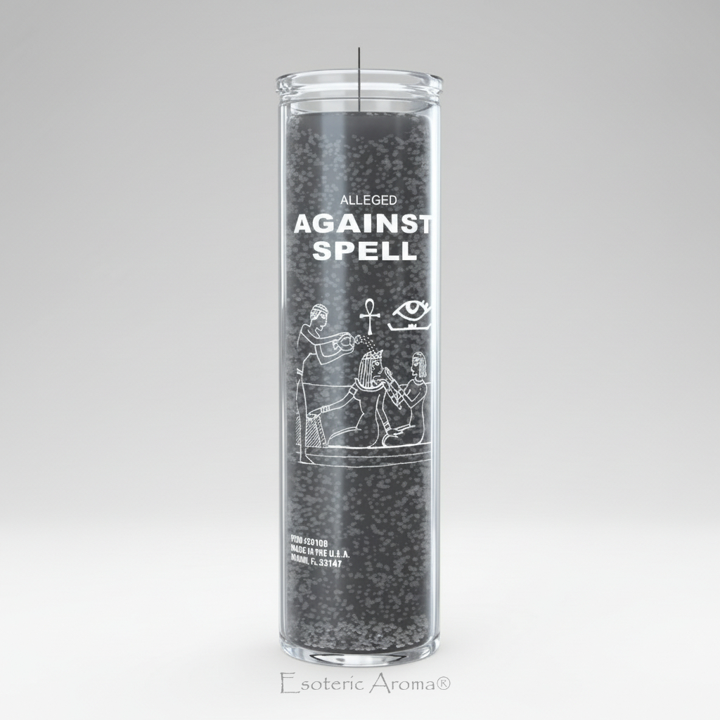 Candle in a glass container labeled 'Alleged Against Spell' on a white background