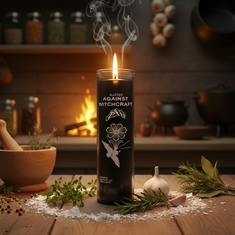Against Witchcraft black candle in an old world kitchen with a mortar and pestle, salt, herbs and pots and pans in the background.