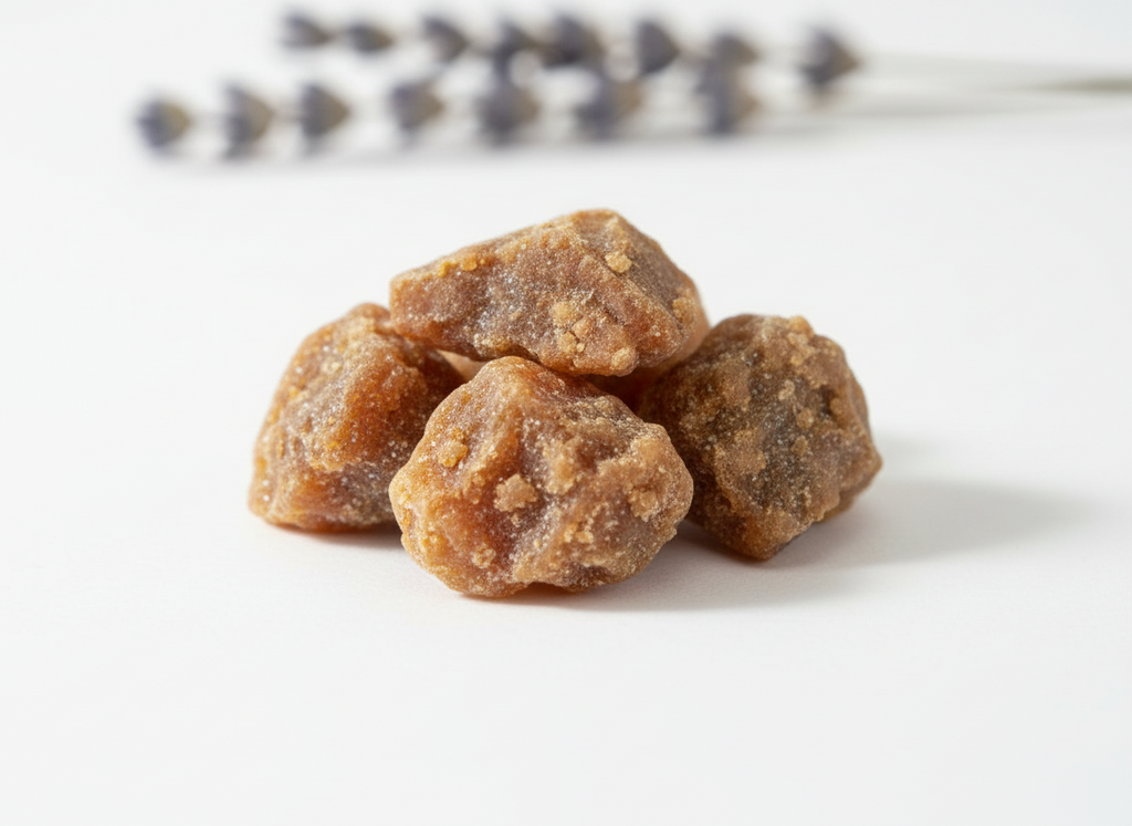Amber resin incense cubes on a white background with lavender flowers in the background