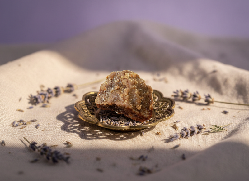 Amber chunk on a decorative plate surrounded by lavender flowers on sand