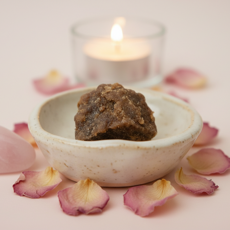 Amber resin in a white bowl surrounded by pink petals and a lit candle on a light background