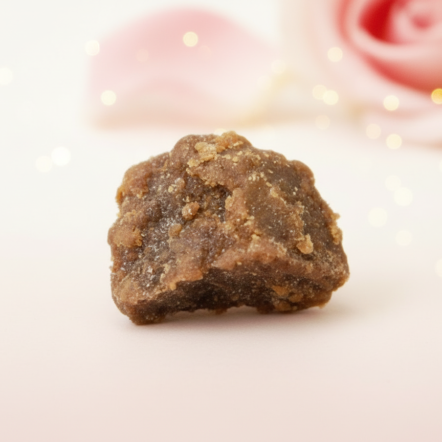 Amber resin on a light background with blurred pink flowers in the background