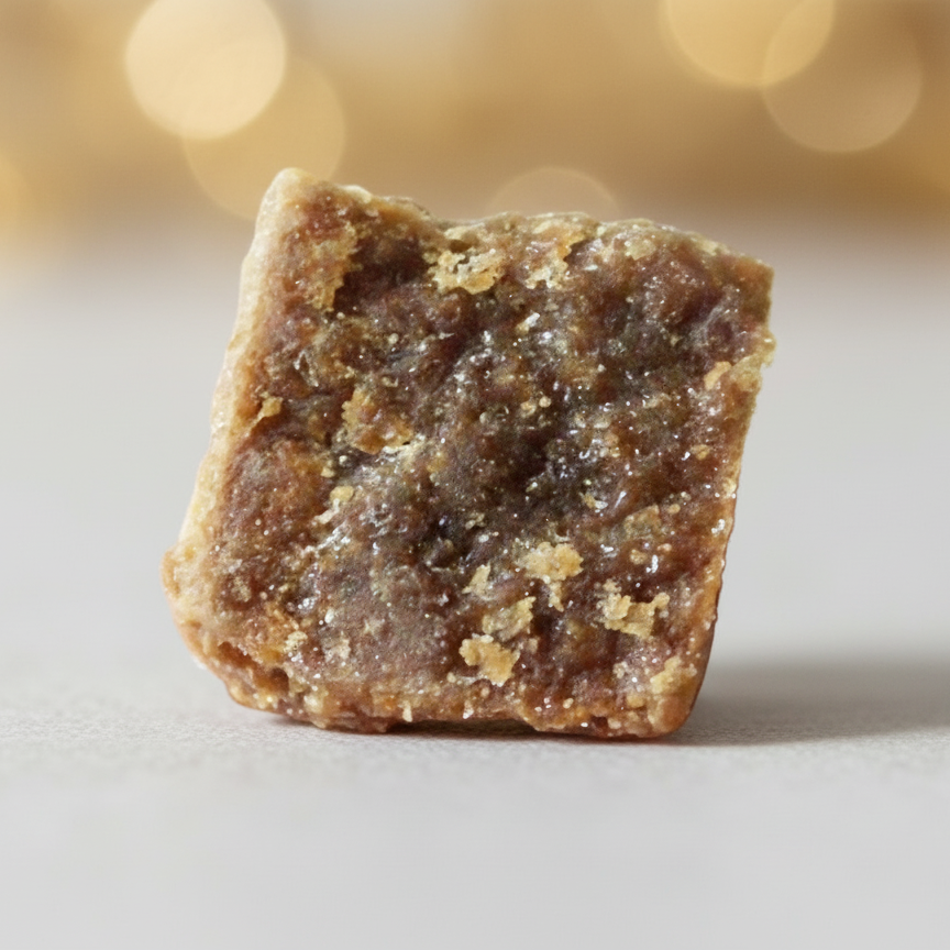 Square piece of amber resin on a light surface with a blurred gold background