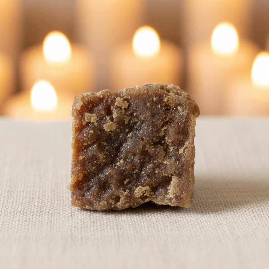 Block of amber resin on a textured surface with blurred candles in the background