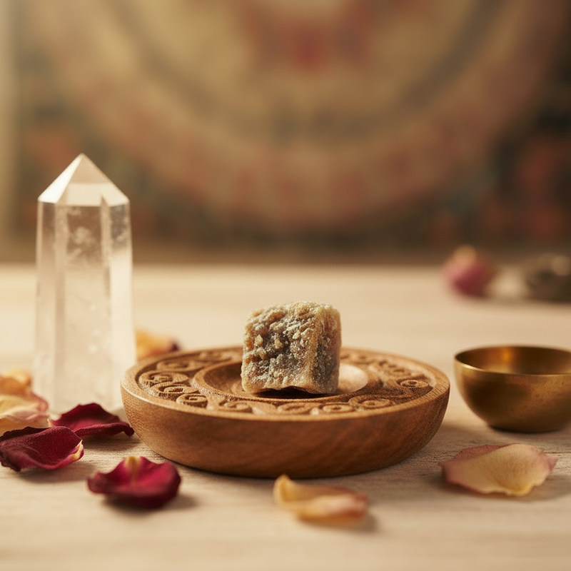 Amber resin chunk in a wooden dish with a crystal, flower petals, copper bowl on a linen surface.
