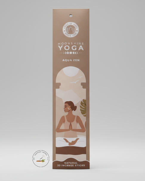 Moonshine Yoga incense stick packaging with a woman in a yoga pose on a beige background.