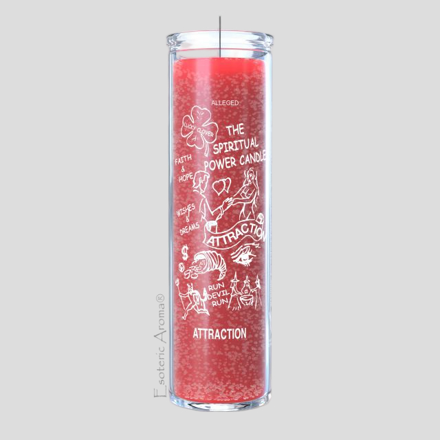 Red candle with white text and graphics on a gray background