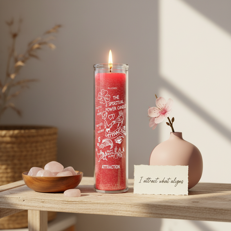 Pink candle with text on a wooden table with a vase and stones.